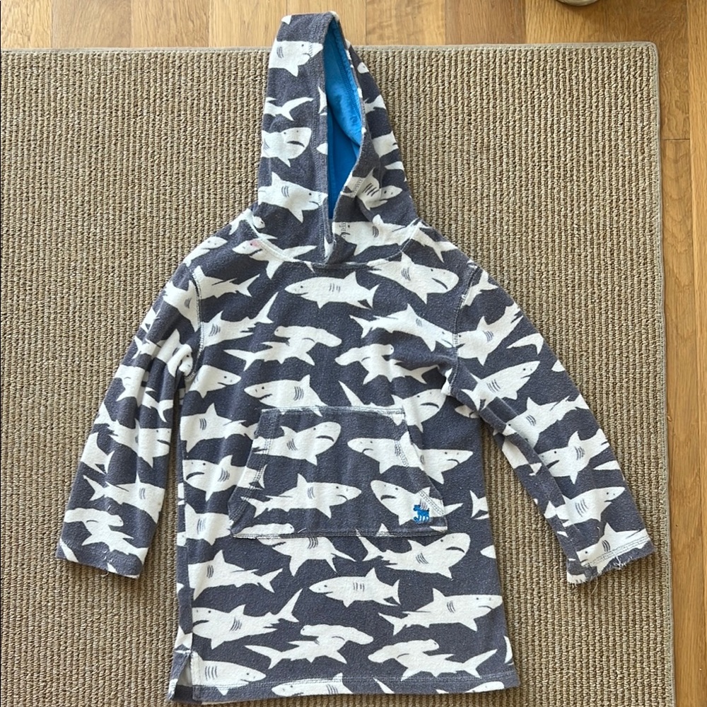 Mini Boden Gray Blue shark Hoodie toweling coverup sweatshirt 6-7y